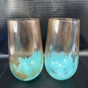 SIMONE High Ball Glasses Set 2 Cups Teal Copper Glitter Shimmer Drinking Glasses